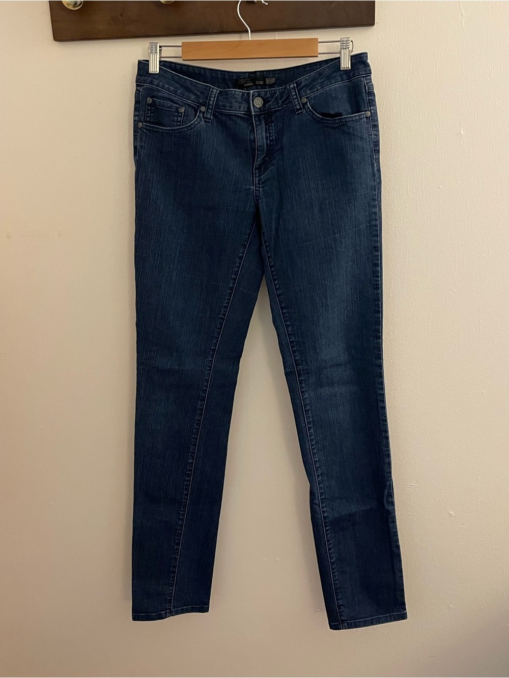 prAna Women’s Dark Wash Straight Slim Stretch Jeans Size 10/30 Blue Mid Rise